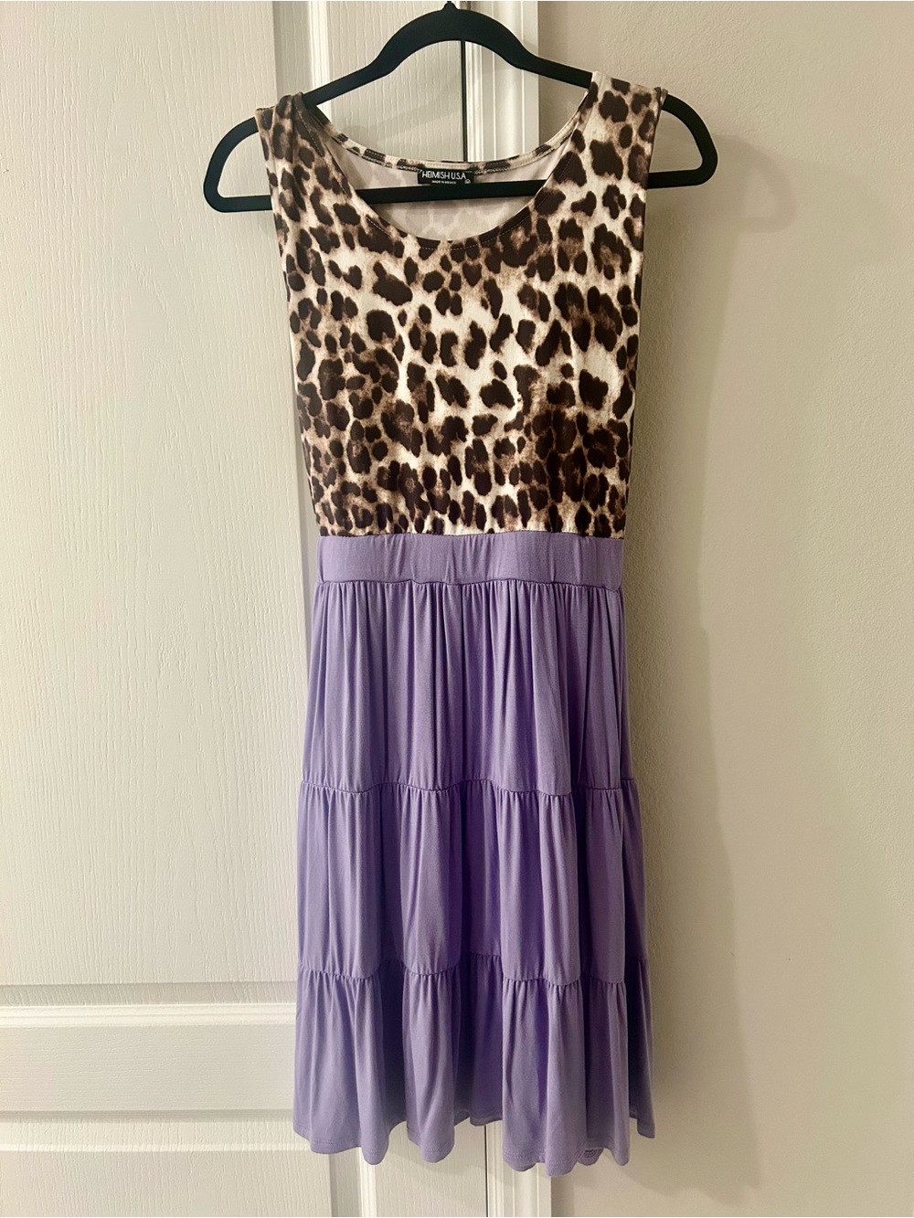 Women’s Leopard Print Bodice Lavender Tiered Dress Size Medium